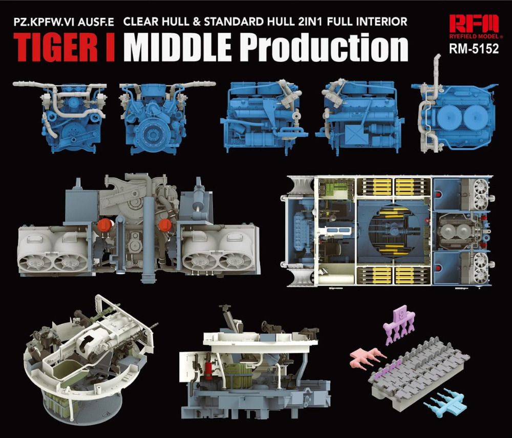 Model kit components for Tiger I Middle Production with RFA branding on a black background