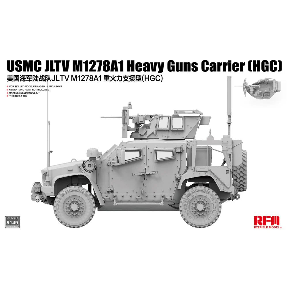 Ryefield Model of USMC JLTV M1278A1 Heavy Guns Carrier with text and branding on a white background