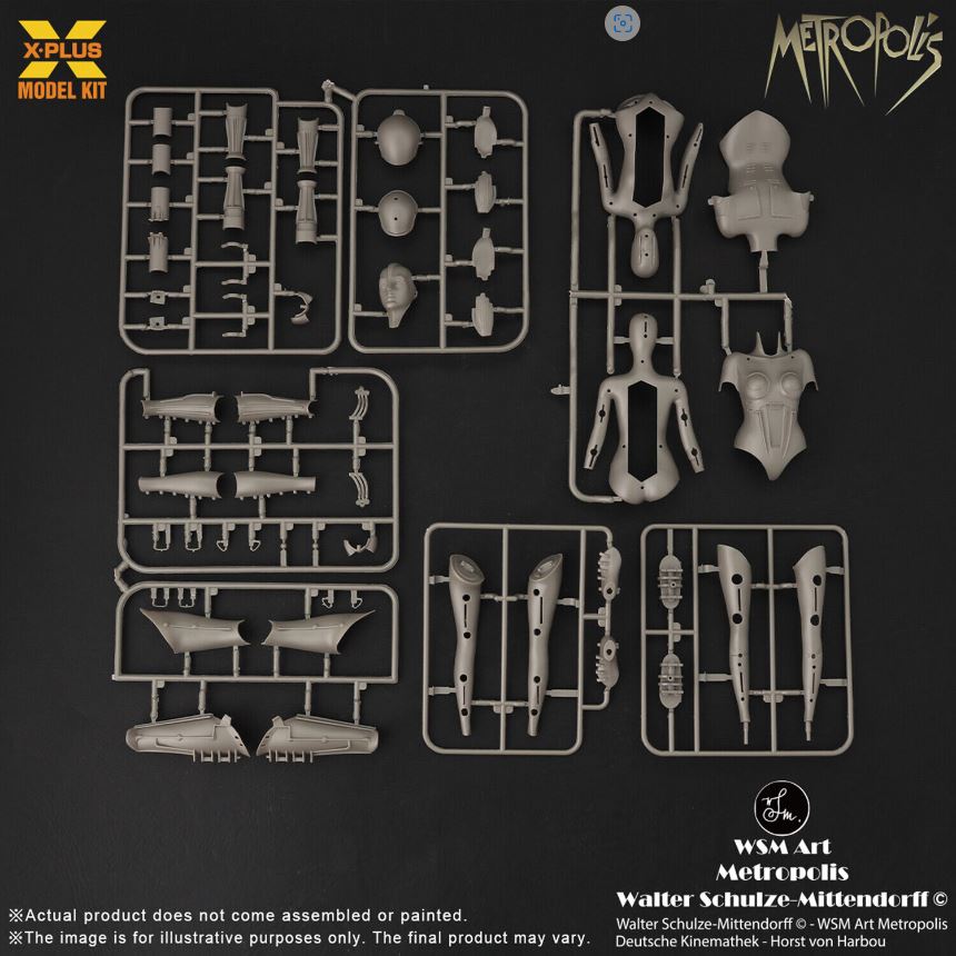 X-Plus Model Kit Metropolis 1927 Maria Maschinenmensch Silver Screen Edition Plastic Model Kit contents