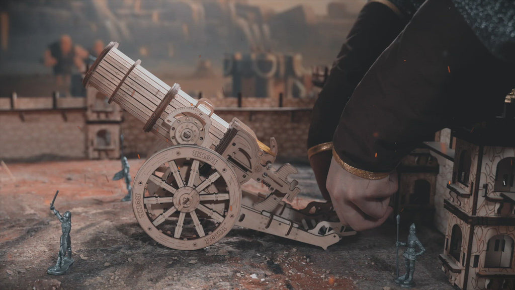 Rokr Medieval Wheeled Cannon and Ballista Wooden Puzzle kits in action video