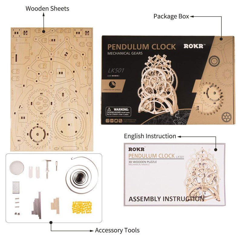 Rokr Pendulum Clock Wooden Model Kit LK501 box contents