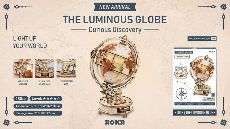 Rokr Luminous Globe Wooden Puzzle model kit ST003 dimensions