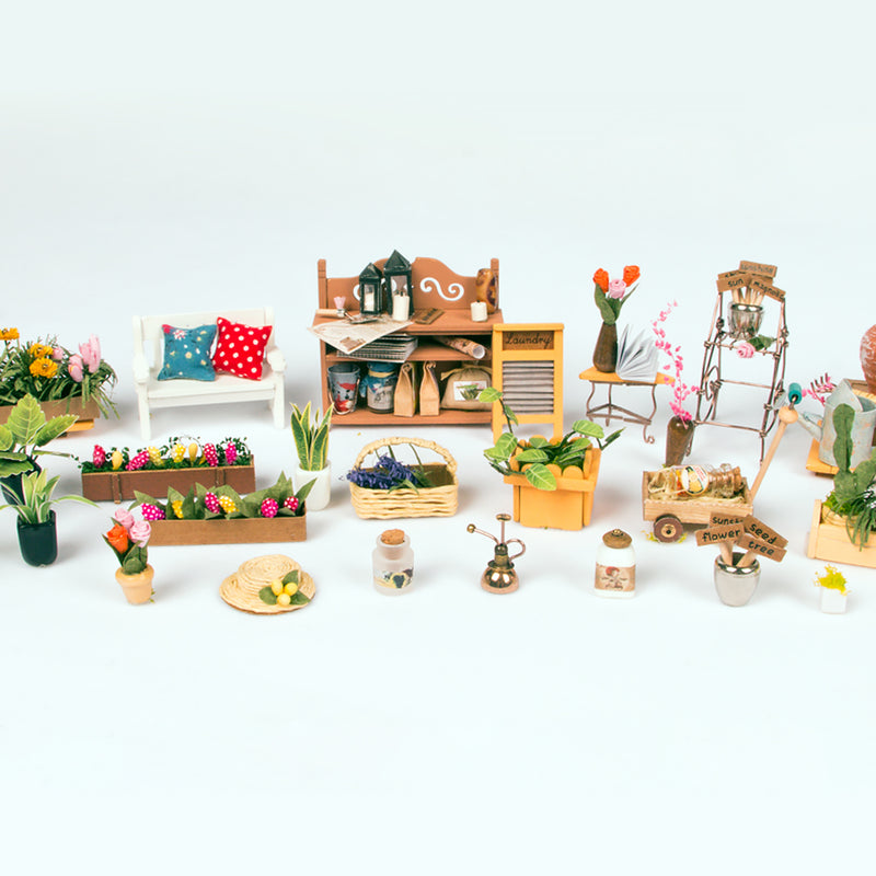Robotime Rolife DIY House Miller's Garden Model Kit pieces