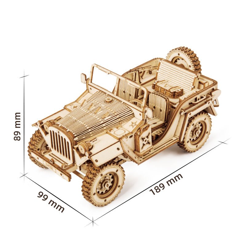 Rokr Army Jeep Wooden Model Kit MC701 dimensions