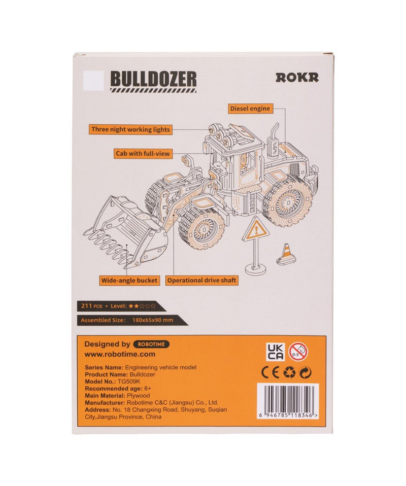 Rokr Bulldozer Front End Loader Wooden Model Kit TG509K box back