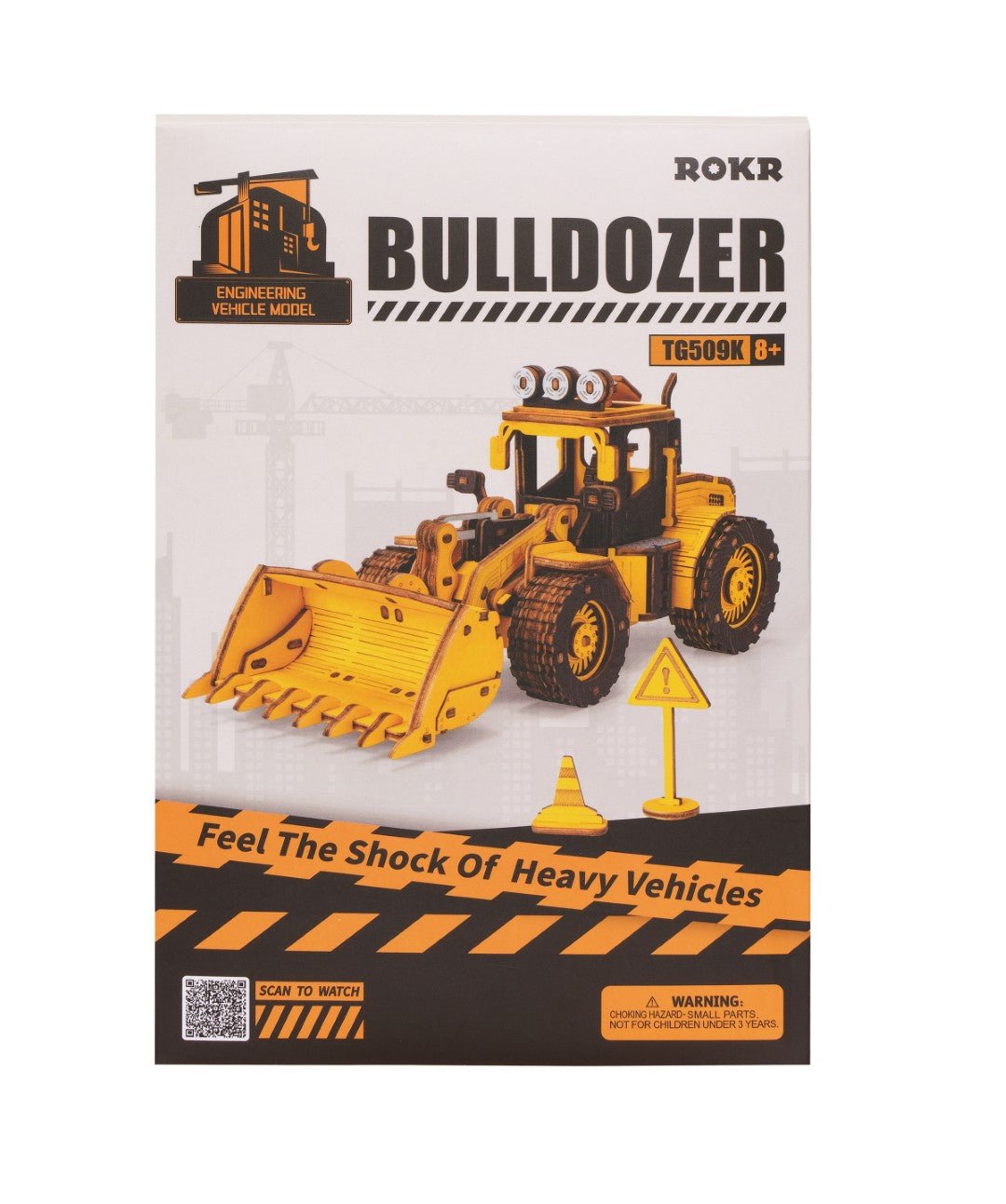 Rokr Bulldozer Front End Loader Wooden Model Kit TG509K box