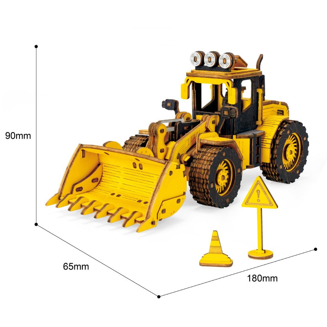 Rokr Bulldozer Front End Loader Wooden Model Kit TG509K dimensions