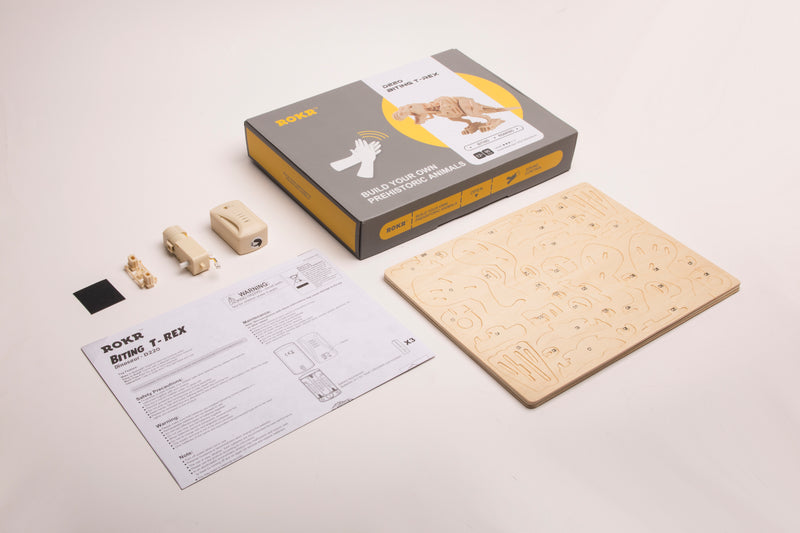 Rokr Walking T-Rex Dinosaur Wooden Puzzle model kit D210 contents