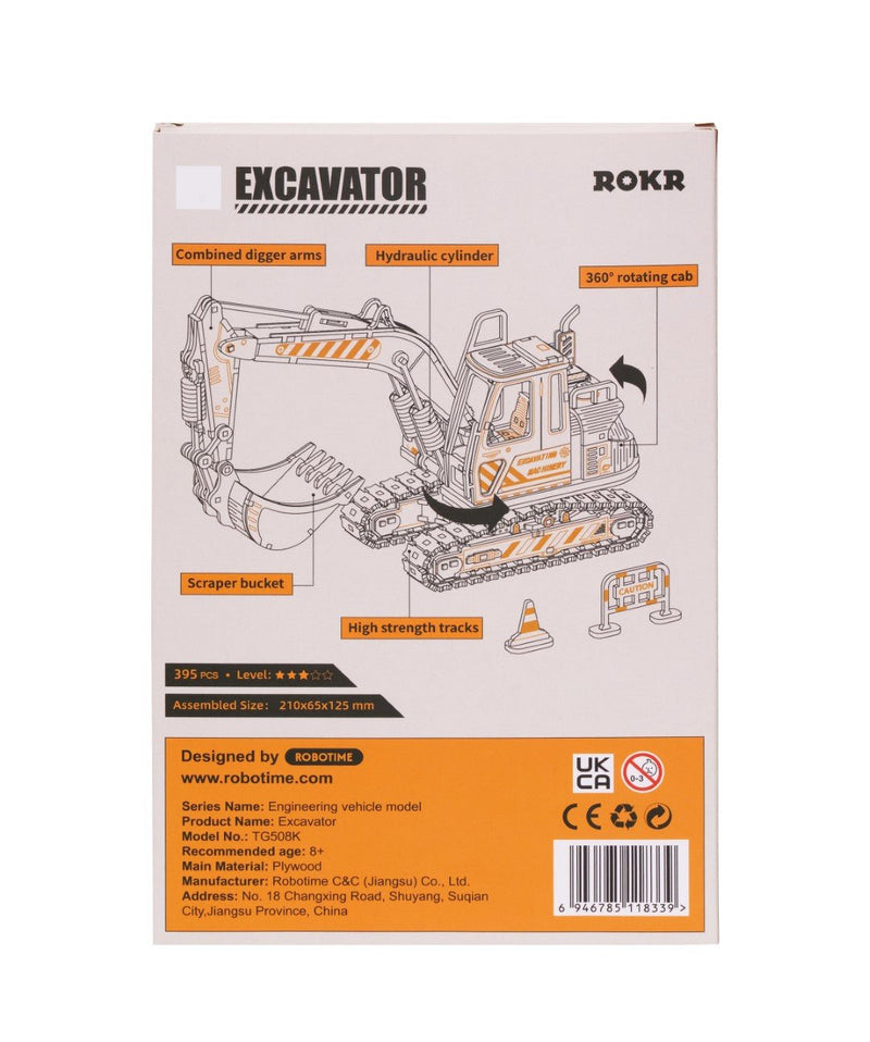 Rokr Excavator Wooden Model Kit TG508K box back