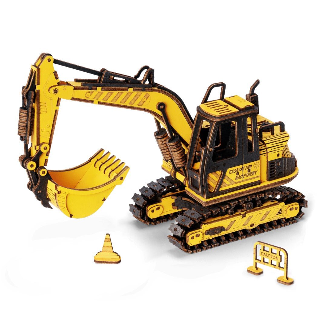 Rokr Excavator Wooden Model Kit TG508K built