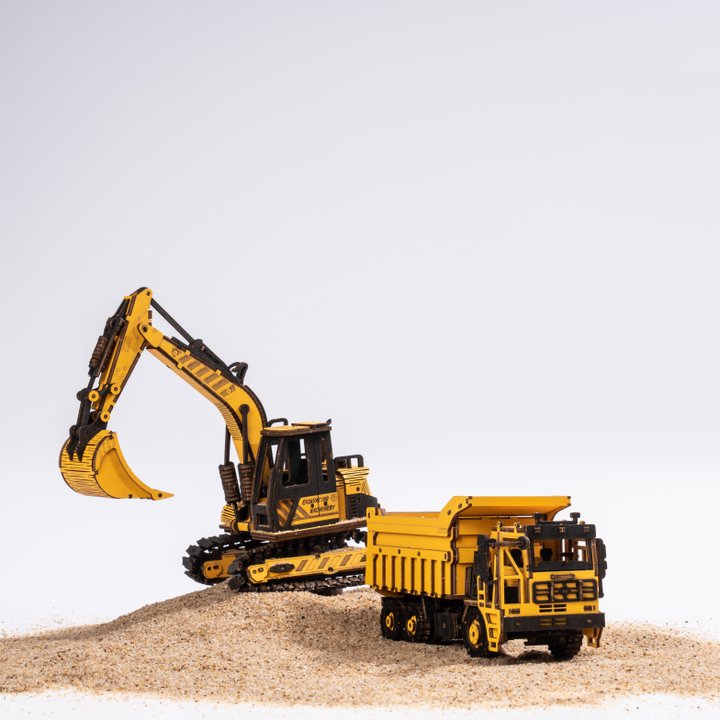 Rokr Excavator Wooden Model Kit TG508K with dump truck