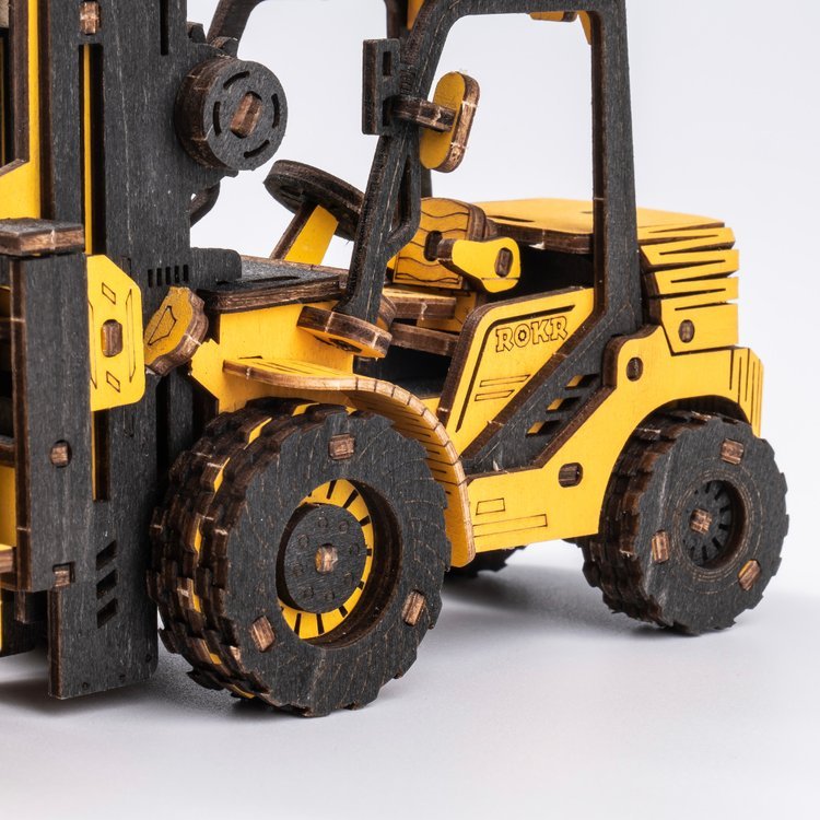 Rokr Forklift Truck Wooden Model Kit TG413K close up