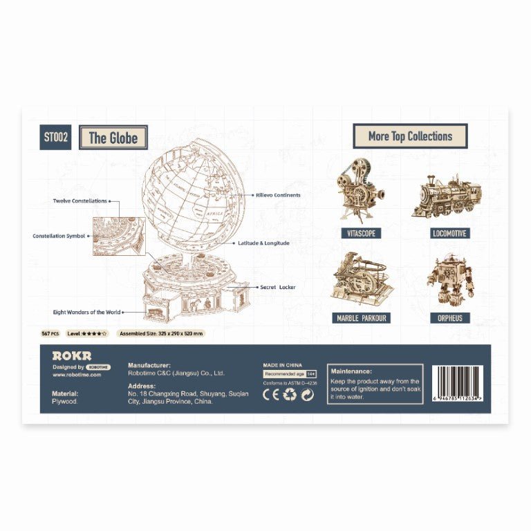 Rokr The Globe Wooden Model Kit ST002 box back