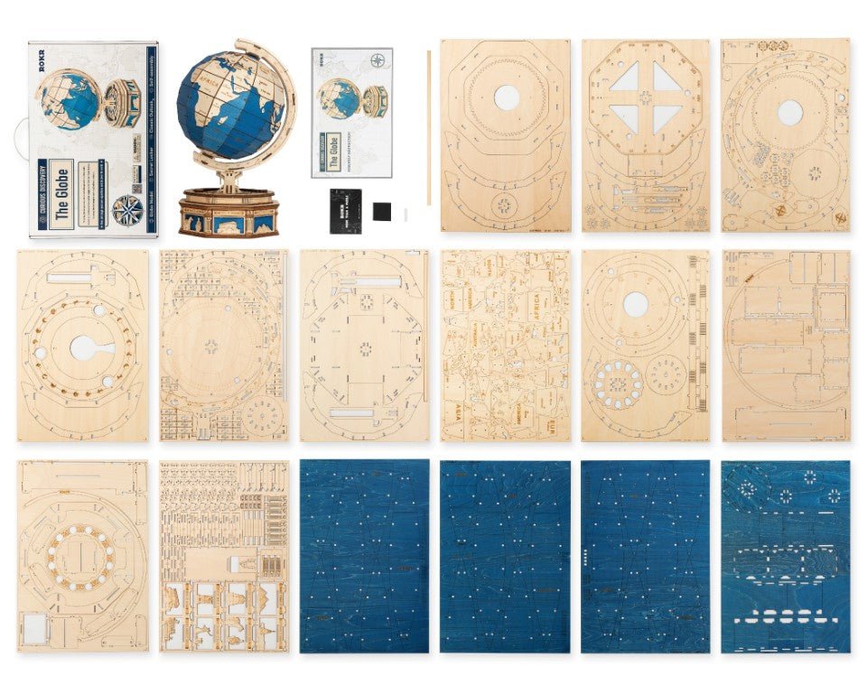 Rokr The Globe Wooden Model Kit ST002 contents