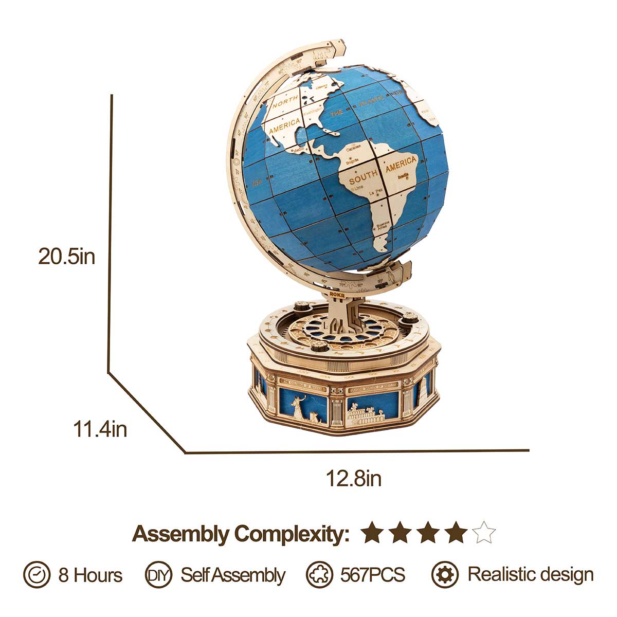 Rokr The Globe Wooden Model Kit ST002 dimensions