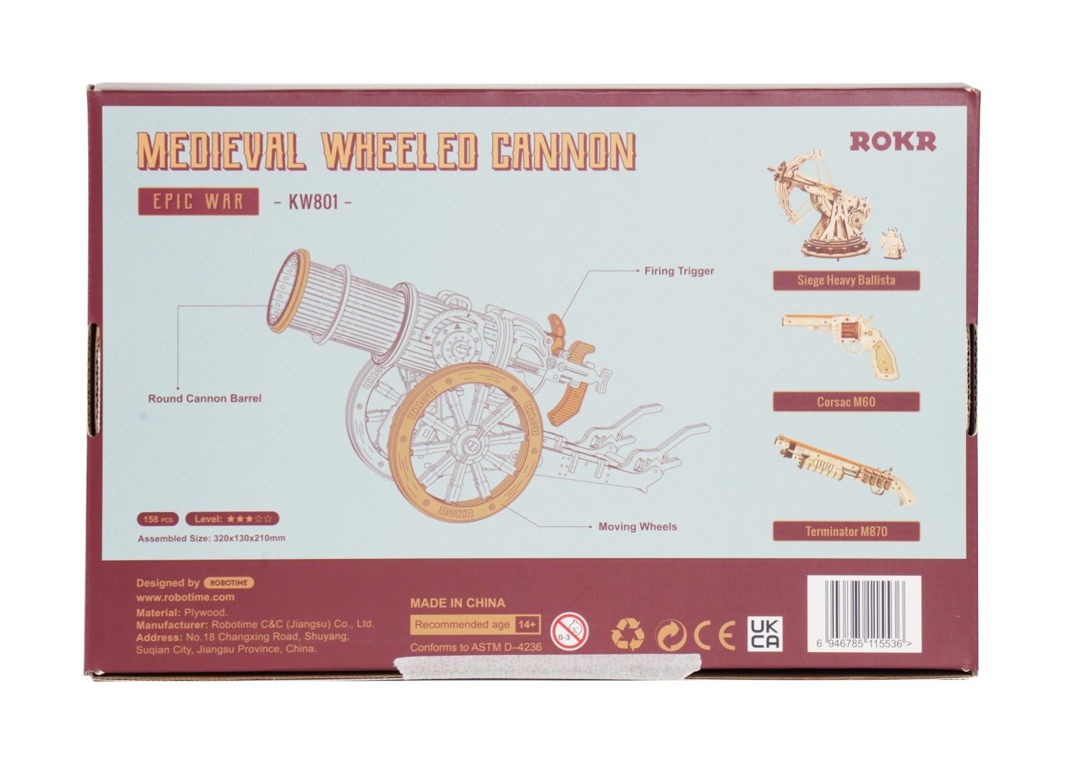 Rokr Medieval Wheeled Cannon Wooden Puzzle model kit KW801 box back