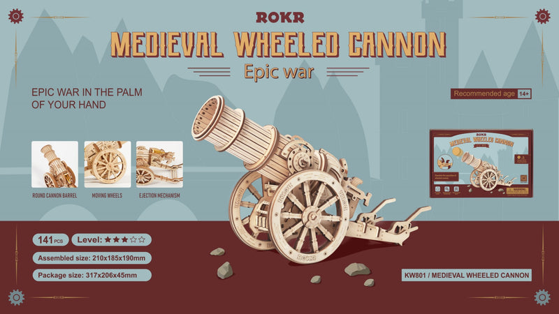 Rokr Medieval Wheeled Cannon Wooden Puzzle model kit KW801 dimensions