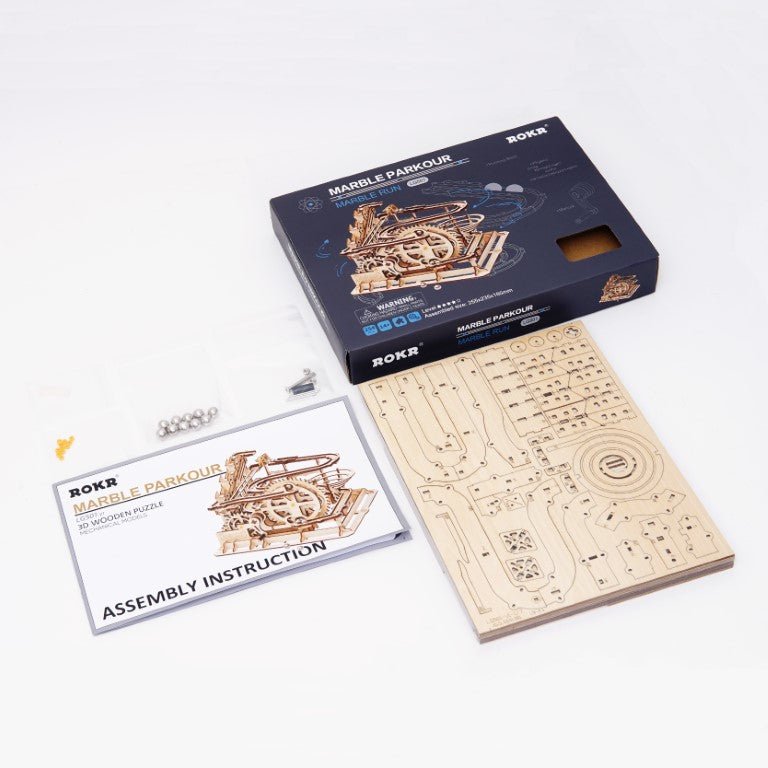 Rokr Marble Parkour Wooden Puzzle model kit LG501 box contents