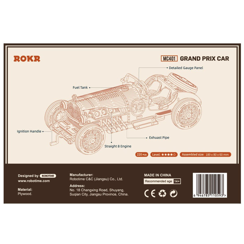 Rokr Grand Prix Car Wooden Puzzle model kit MC401 box back