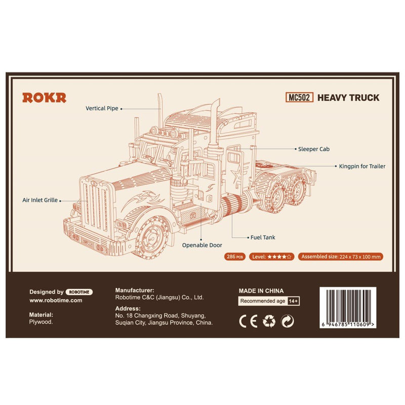 Rokr Heavy Truck Wooden Puzzle model kit MC502 box back