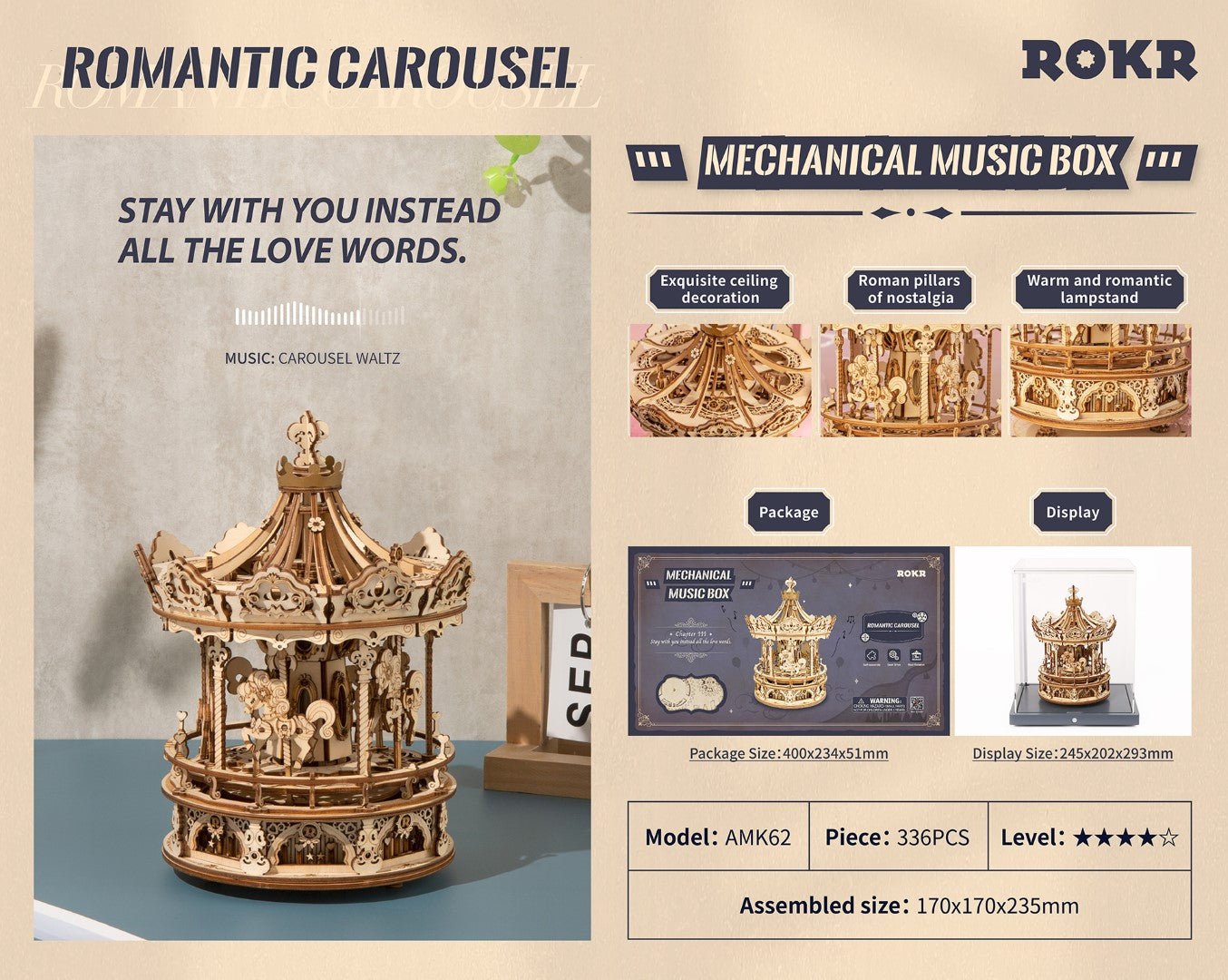 Rokr Music Box Romantic Carousel Wooden Model Kit AMK62 details