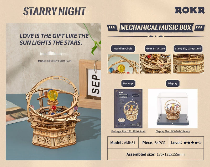 Rokr Mechanical Music Box Starry Night Wooden Model AMK51 details