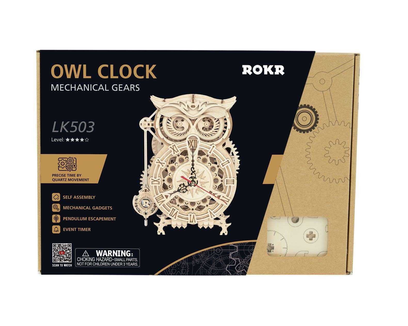 Rokr Owl Clock Wooden Model Kit LK503 box front