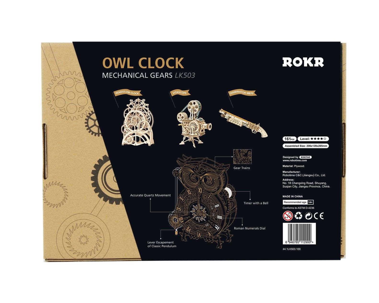 Rokr Owl Clock Wooden Model Kit LK503 box back