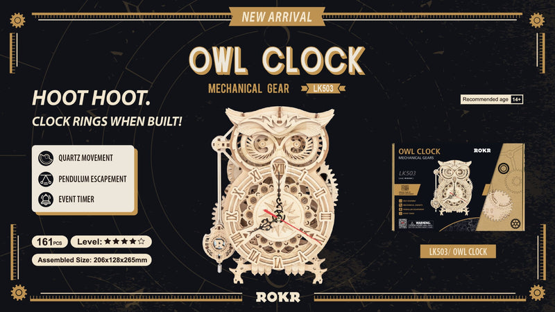Rokr Owl Clock Wooden Model Kit LK503 details