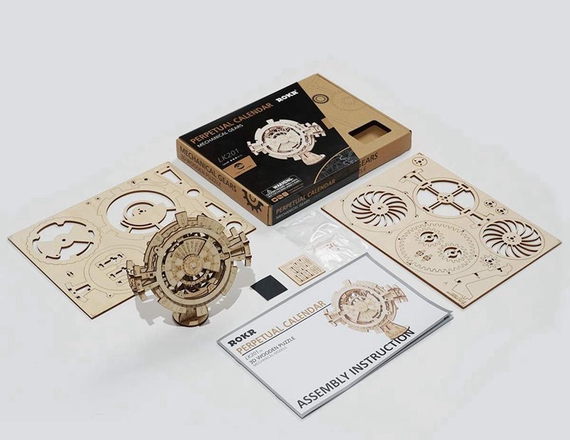 Rokr Perpetual Calendar Wooden Model Kit LK201 box contents