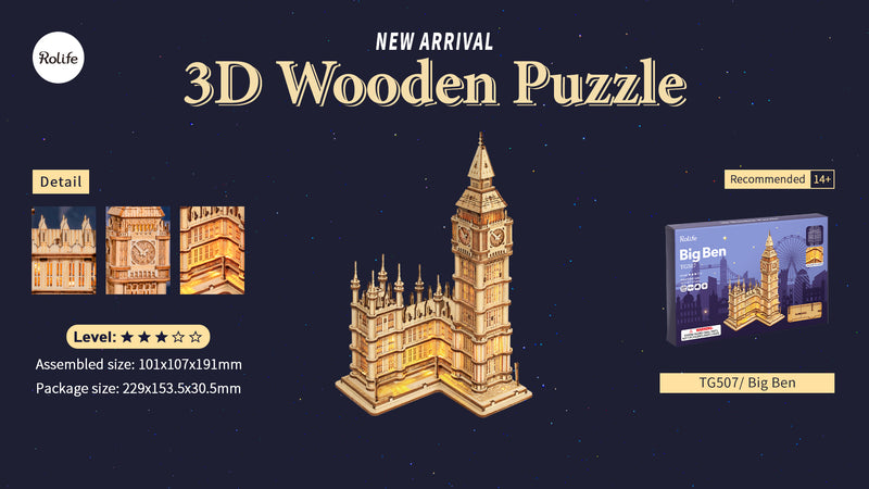 Rolife Big Ben Wooden Model Kit TG507 dimensions