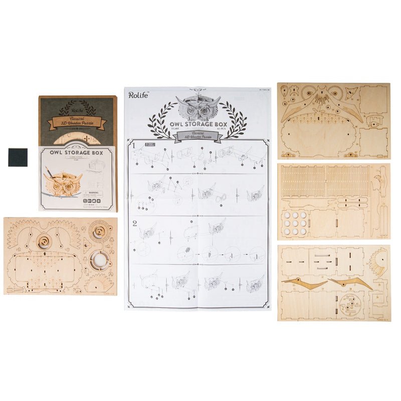 Rolife Owl Storage Box Wooden Model Kit TG405 contents