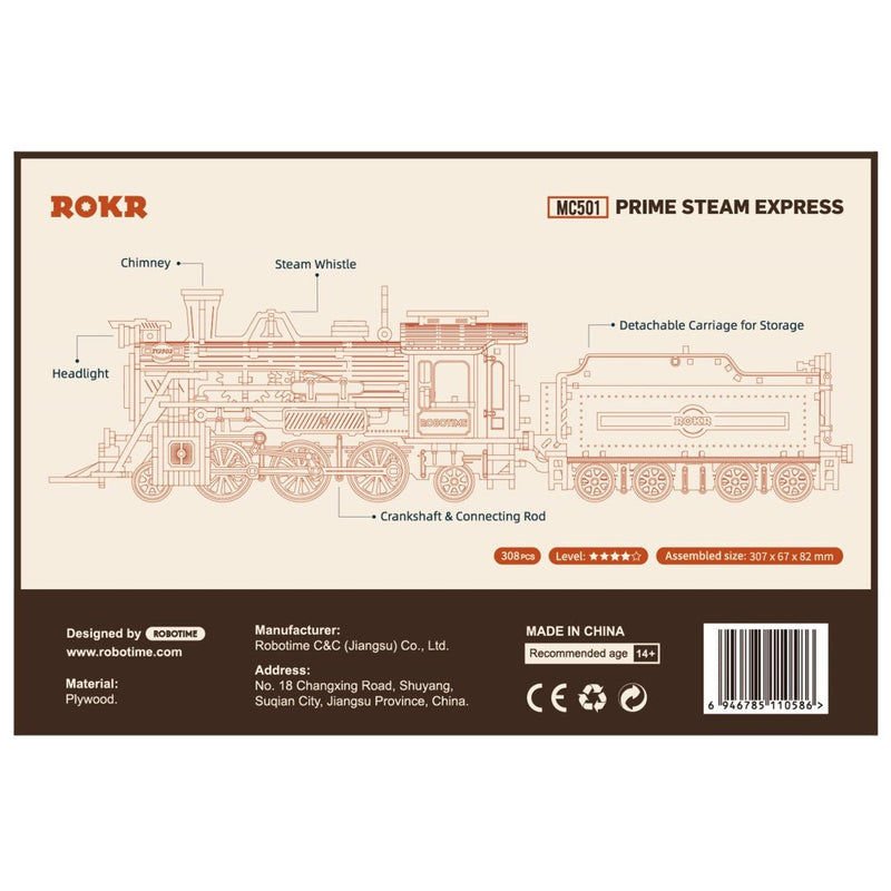 Rokr Prime Steam Express Train Wooden Model Kit MC501 Box Back