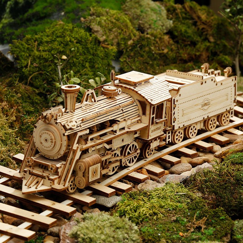 Rokr Prime Steam Express Train Wooden Model Kit MC501 Built scene