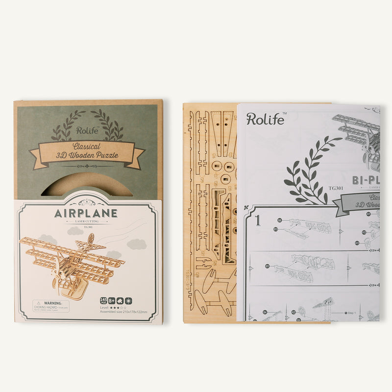 Rolife Biplane Airplane Wooden Puzzle model TG301 packaging 2