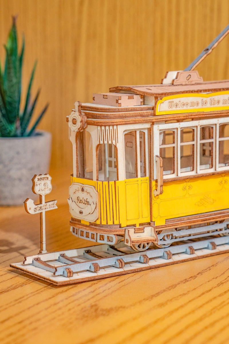 Rolife Tramcar Wooden puzzle model TG505 close up view