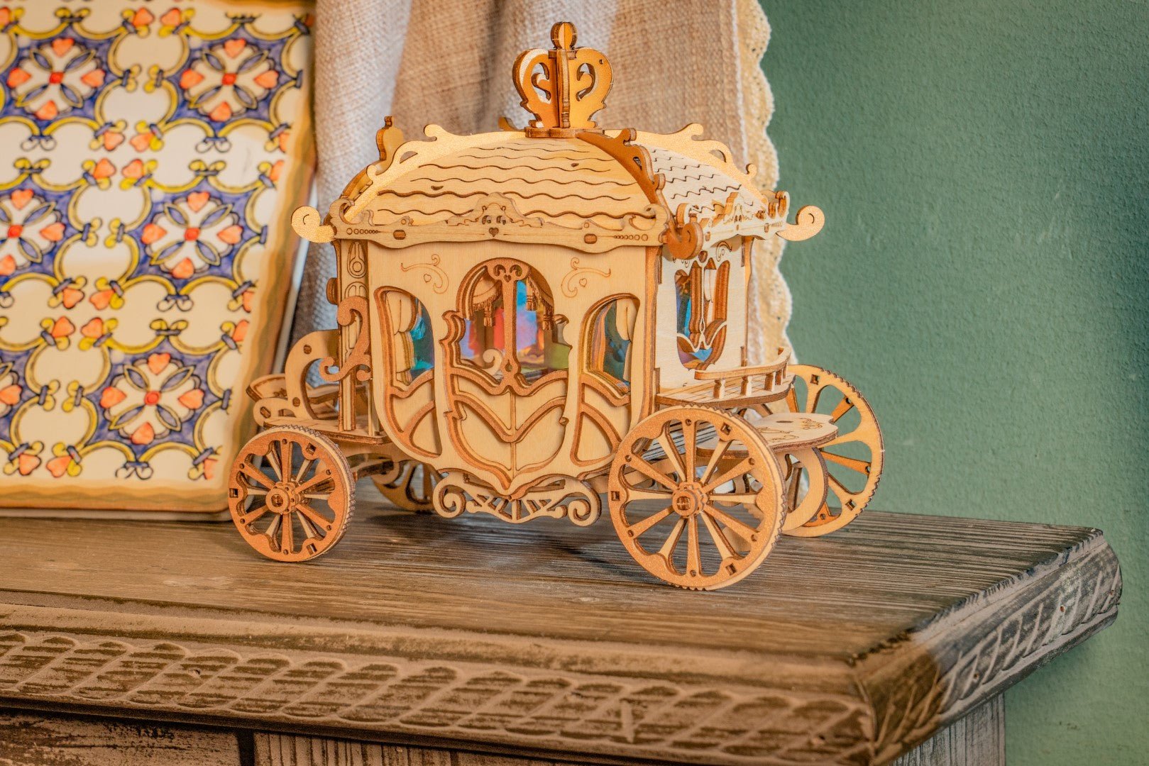 Rolife Carriage Wooden Puzzle model TG306 on shelf