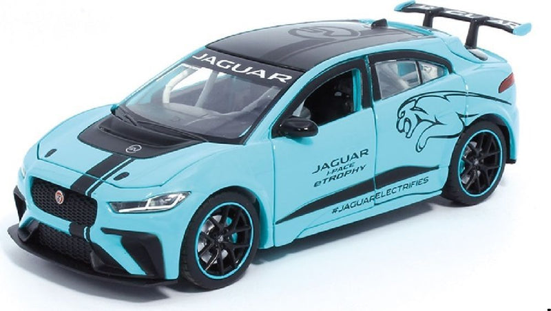 Tayumo Jaguar I-Pace eTrophy blue 1/32 scale diecast model Pull back and go lights and sound