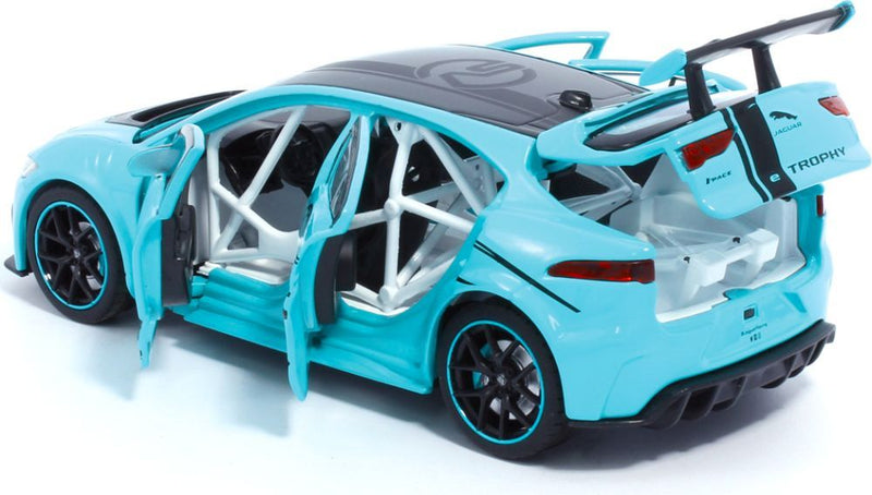 Tayumo Jaguar I-Pace eTrophy blue 1/32 scale diecast model Pull back and go lights and sound open doors and boot